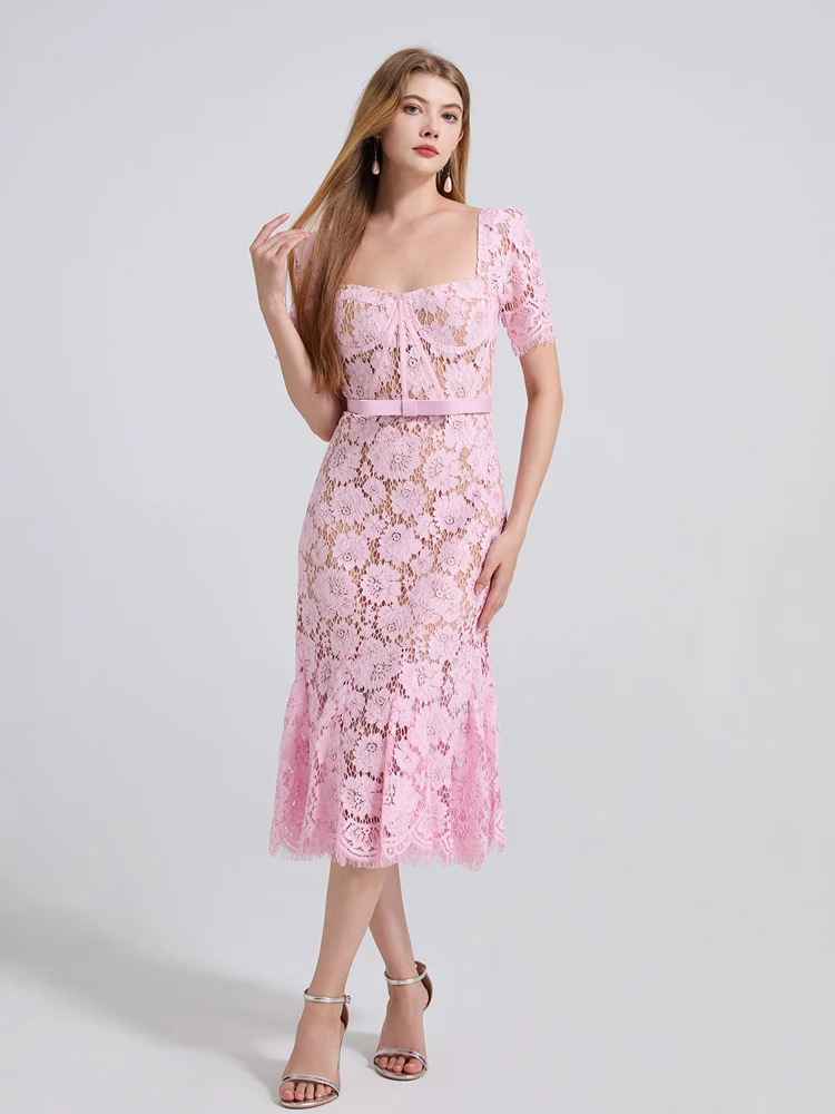 Seksowna elegancka koronkowa sukienka z kwadratowym kołnierzem Bodycon damska 2025 letnie koronkowe sukienki midi z paskiem Slim Luxury Party INKEO 5D135