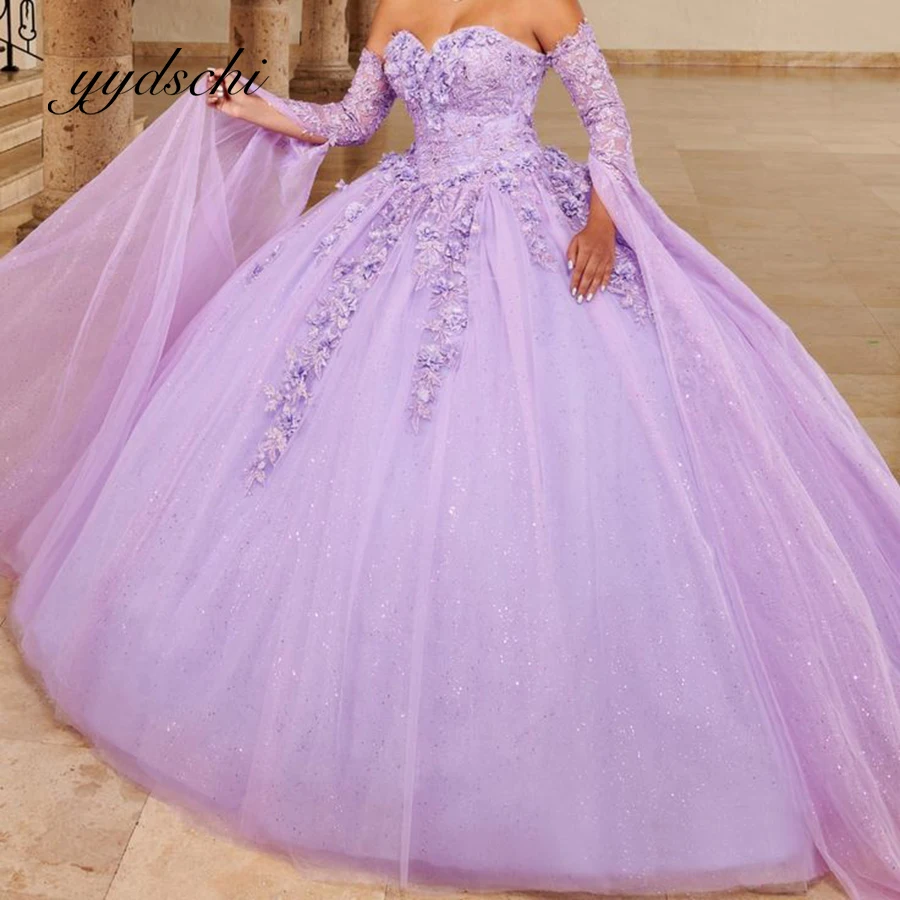 

Блестящие платья Quinceanera с аппликацией, элегантное вечернее платье для выпускного вечера с бисером для женщин, тюль на день рождения, 2025, светло-фиолетовое бальное платье
