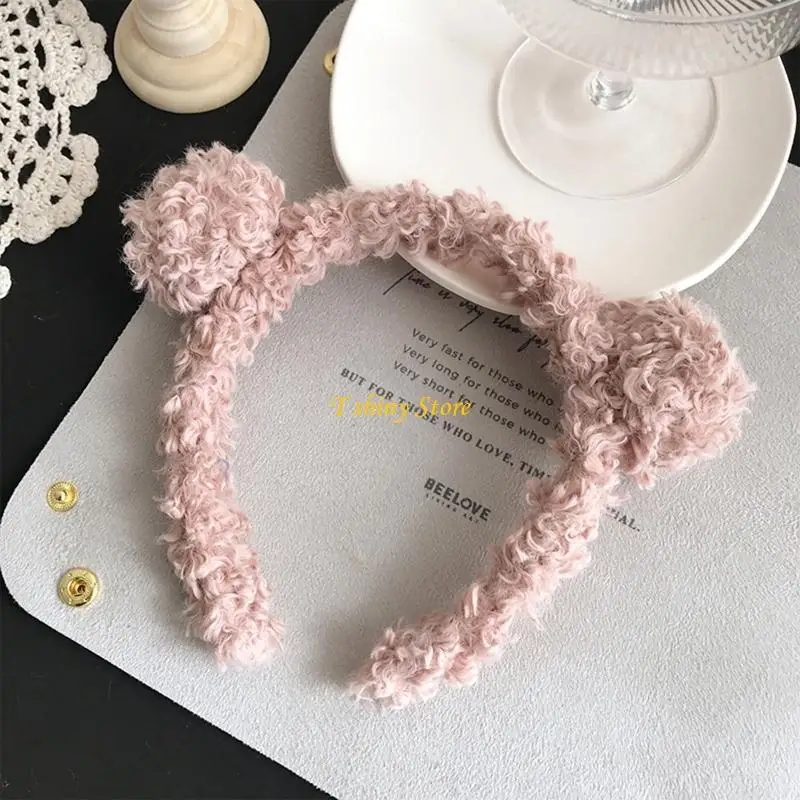 

N58F Women Girls Cartoon Bear Ears Headband Winter Thicken Fuzzy Plush Candy Color Hair Hoop Makeup Wash Face Headpiece