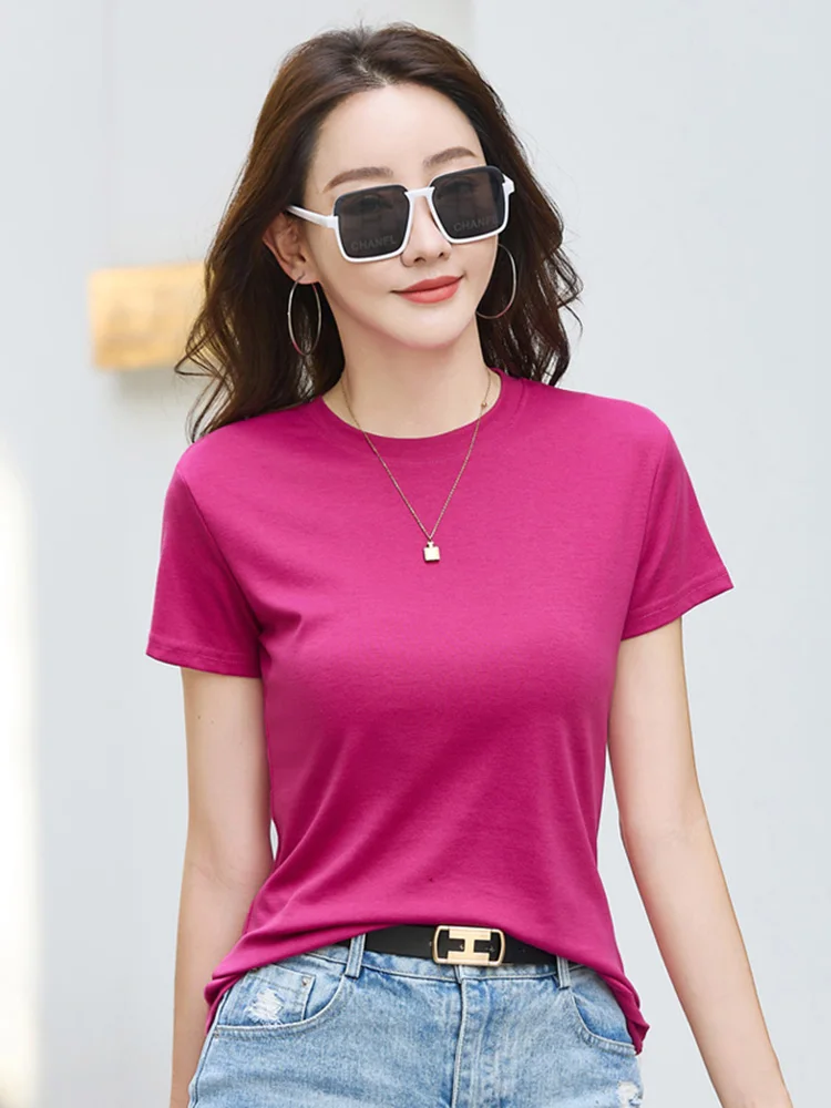 Nueva Camiseta Básica de Verano para Mujer Moda Pequeño O-Cuello Manga Corta Todo Coincidir Slim Tees Tops Simplicidad Casual Camiseta de algodón