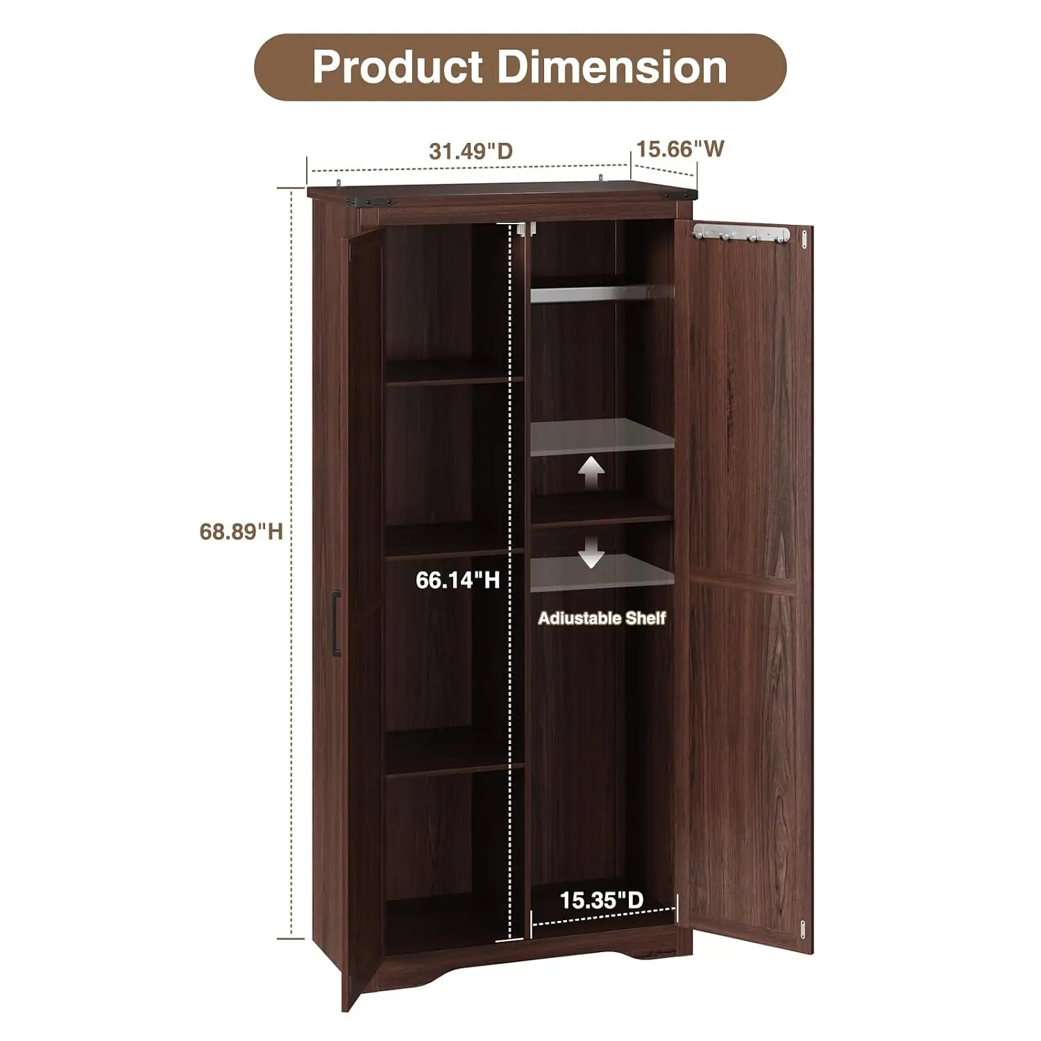 Farmhouse Storage Cabinet with Adjustable Shelves & 2 Barn Doors, Tall Freestanding Pantry for Kitchen Bathroom Garage Basement