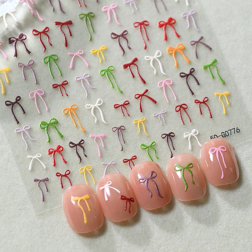 5D Embossed Colorful Bows Nail Stickers Kawaii Black Bowknot Self-adhesive Nails Decals DIY Elegant Manicure Ribbon Decoration