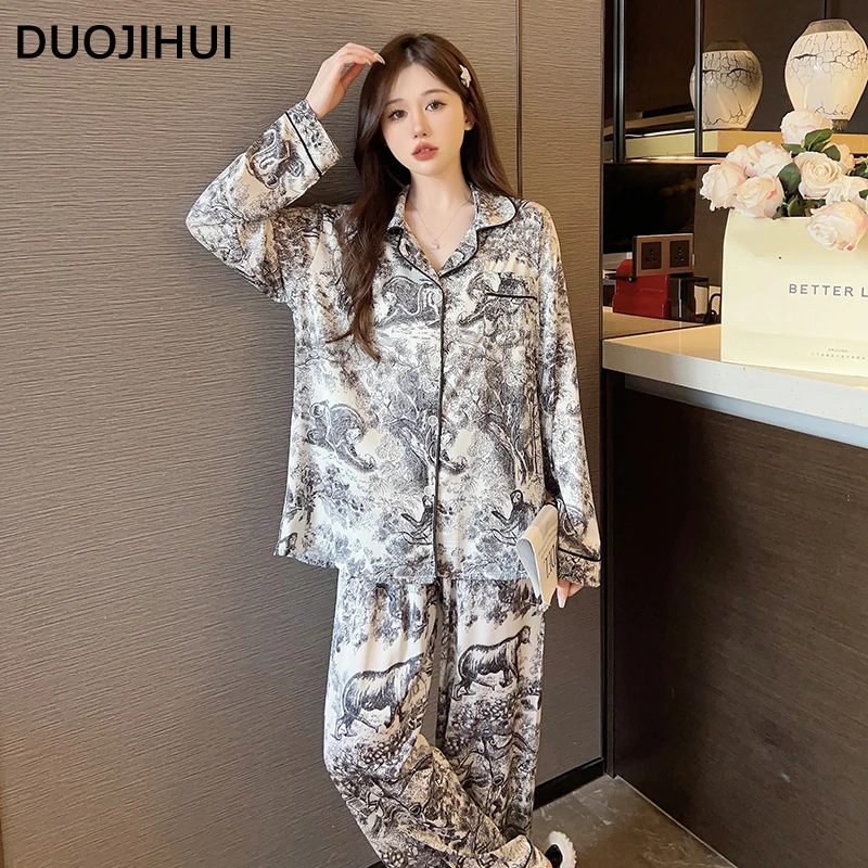 DUOJIHUI Korean Style Loose Sweet Fashion Female Pajamas Set Chic Printing Basic Simple Casual Contrast Color Pajamas for Women