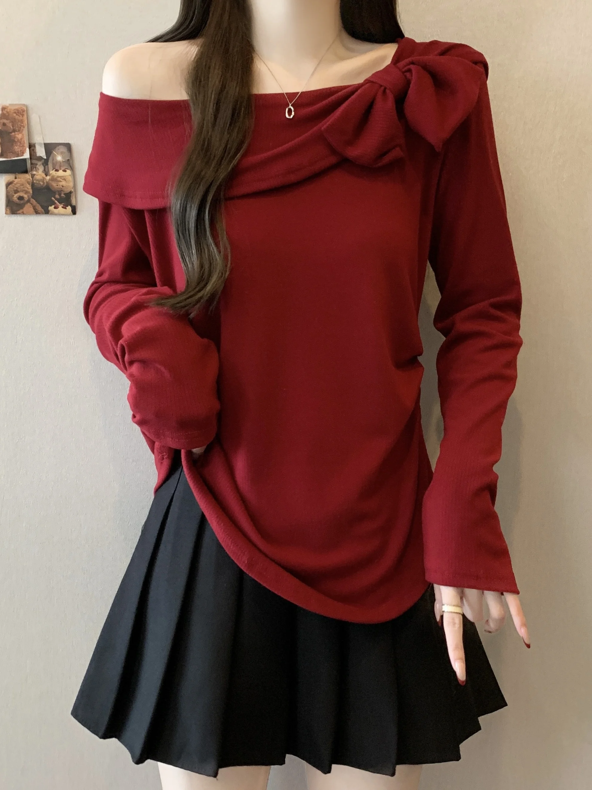 

plus Size Fleece Lined Thickened Long Sleeve T-Shirt Women's Shoulder Bows Pure Desire Bare Shoulder Base Shirt Top