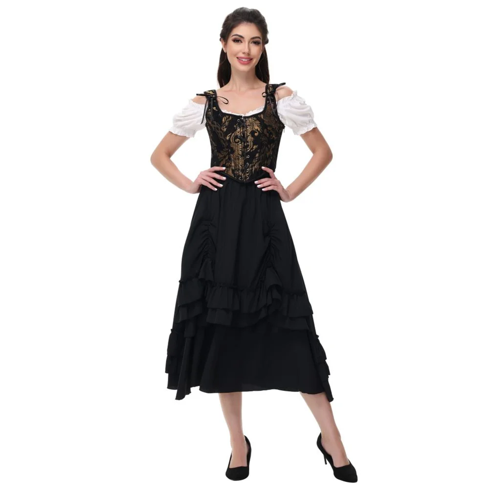 سترة برباط من القرون الوسطى باللونين الأسود والذهبي مشدات عتيقة ملابس داخلية على الطراز القوطي Steampunk مشد على الطراز الفيكتوري زي ساخر للسيدات