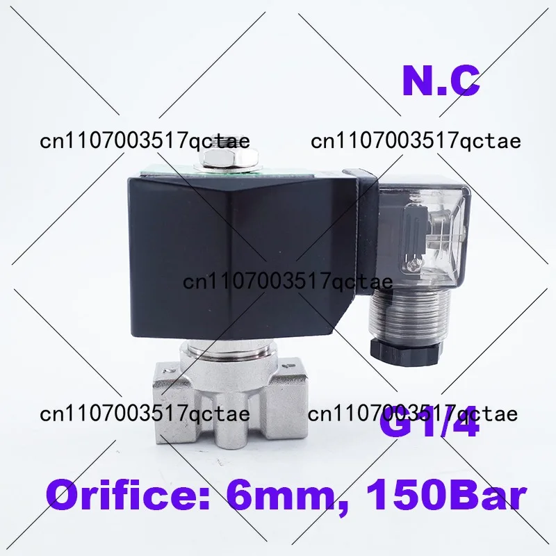 

PTFE/PEEK 150 бар GSPG-06 2-ходовой водяной электромагнитный клапан высокого давления 1/4 дюйма, 220 В, 24 В, отверстие, 6 мм, Н.З, клапан из нержавеющей стали 304