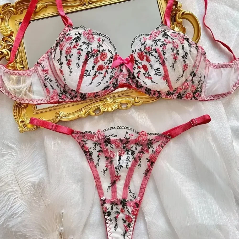 Ladies New High-end Temperament Style Floral Embroidery Transparent Mesh Temptation Sexy Lingerie Set Sex Woman Underwear