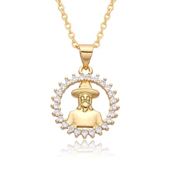Gold Plated Oval Jesus Malverde Pendant Jose Gregorio Hernandez Necklace for Women Men Angel of the Poor Charms Catholic Jewelry