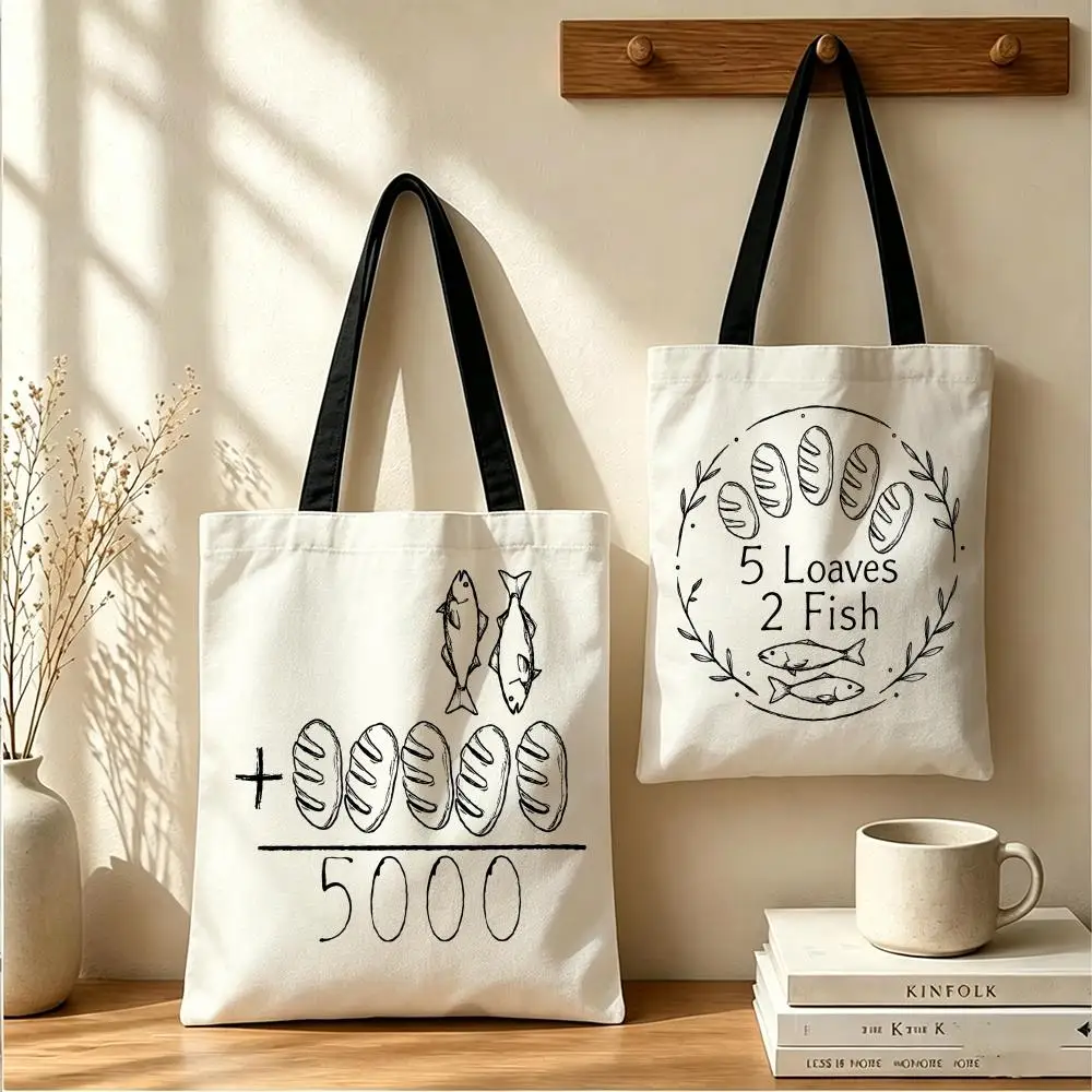 Inspired by Feeding The 5000 Storage Bags Canvas Tote Bag Women Large Capacity Reusable Shopping Shoulder Bag Daily Handbag