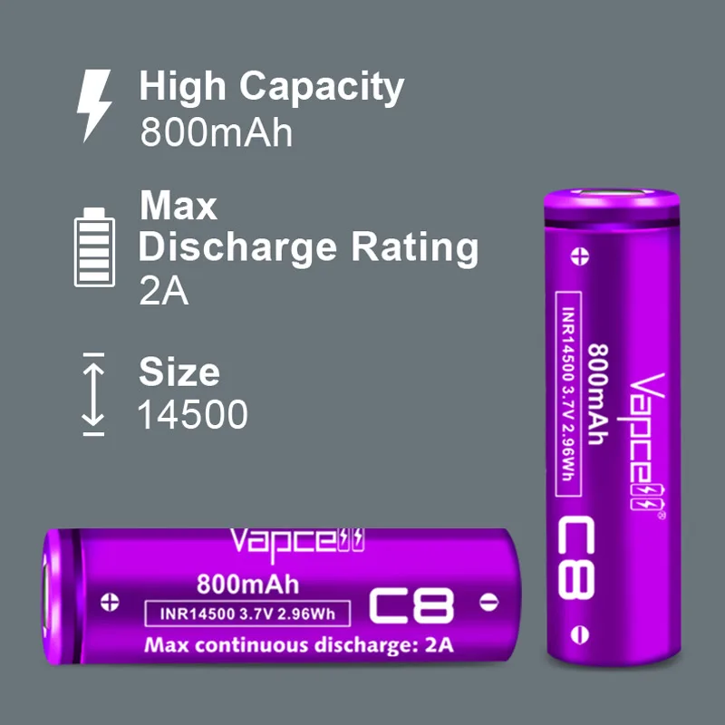 Original Vapcell C8 INR 14500 Battery 800mAh Battery 2A 3.7V Rechargeable Li ion Batteries For Flashlight Battery Pack Toys UAV