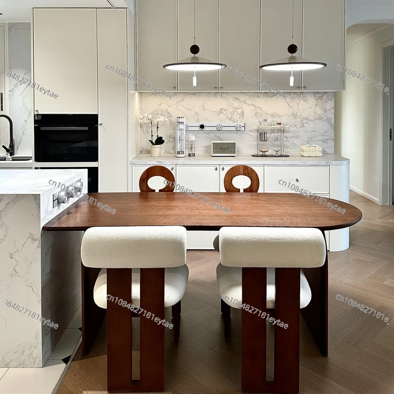 Retro style solid wood dining table and chairs oval peninsula table simple living room small apartment long dining table