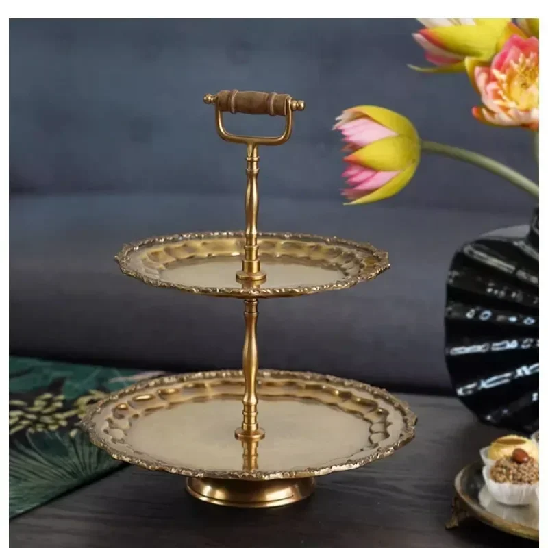 Light Luxury Mango Wood Handle Double Cake Stand Retro Multifunctional Dessert Plate Elegant Home Decor Stand Decorative Tray