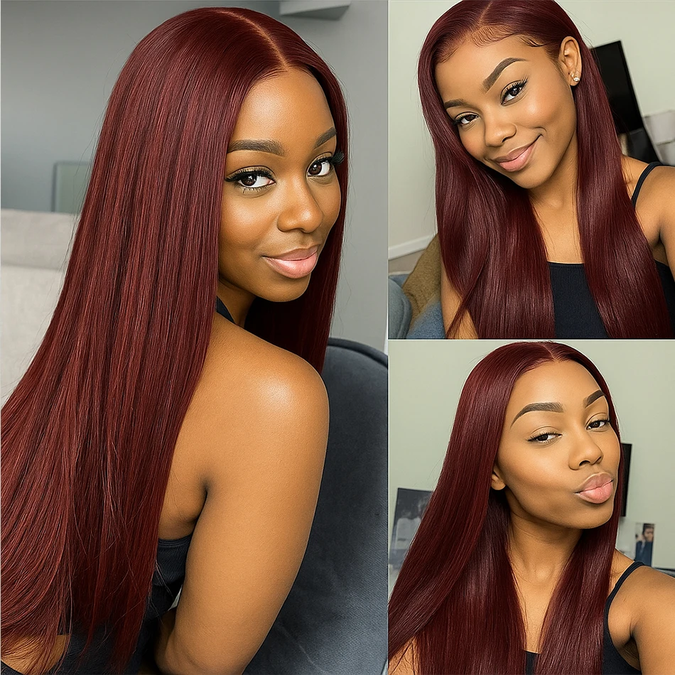 

99J Burgundy 13x4 Colored HD Lace Front Human Hair Wigs Pre Plucked Premium Red Peruvian Straight Lace Frontal Human Hair Wig