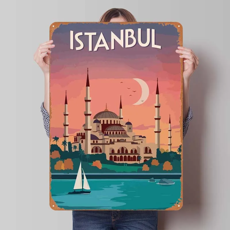 Travel to Istanbul Tinplate Sign Poster Vintage Metal Sign Plaque for Wall Art Decoration Wall Decor Living Room Coffee Bar Home