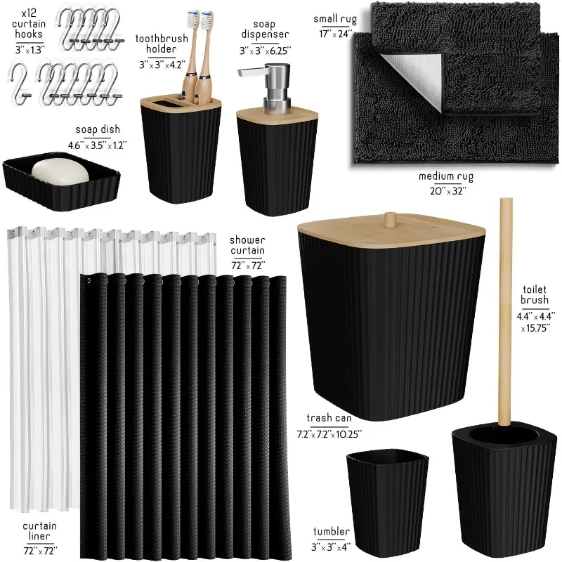 Bathroom Accessories Set - 22PC Bathroom Set, Bathroom Sets with Shower Curtain and Rugs, Black Shower Curtain Set w