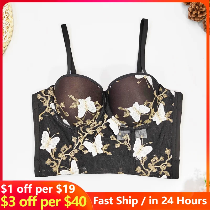 

Crop Top three-dimensional Butterfly Embroidery Suspender Corset semi-transparent Sexy Bra Fashionista Gauze Tube Top Wholesale