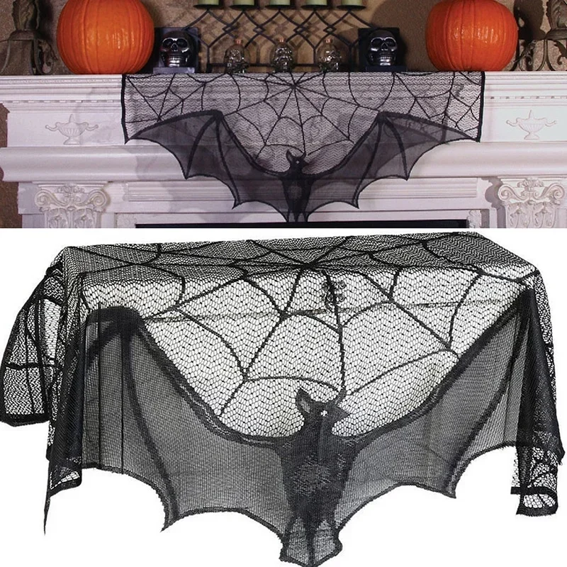 Halloween Lace Curtains Black Bat Spider Tablecloth Fireplace Stand Scarf Set Halloween Family Room Spider Web Horror Decoration
