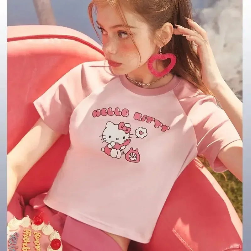 Sanrio Japanese Hello Kitty Hotsweet Raglan colori misti magliette grafiche a maniche corte 2024 Summer Print Crop Top donna Y2K Top