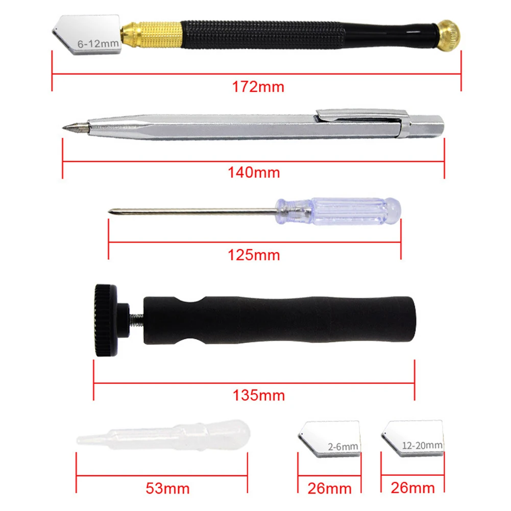 7pcs Glass Cutter Tool Kit 2mm-20mm Anti Slip Metal Handle Glass Cutter With 360 Degree Rotating Replaceable Cutter Head