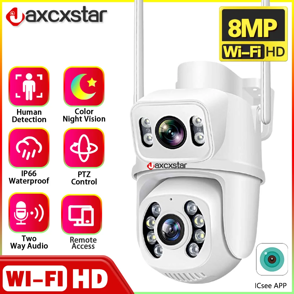 

External 4K 8MP PTZ Wifi Camera Dual Lens Screen Auto Tracking Outdoor Security Protection CCTV Surveillance 8MP IP Camera iCSee