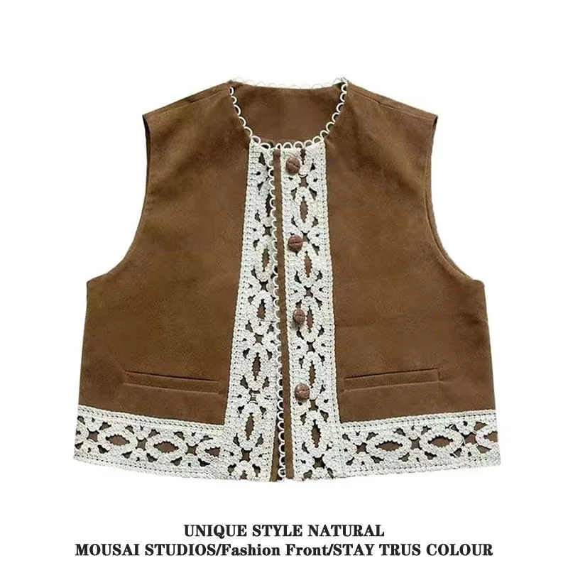 Vintage Women Autumn Suede Vest Lace Splicing Contrast Color Sleeveless Cropped Layering Waistcoat