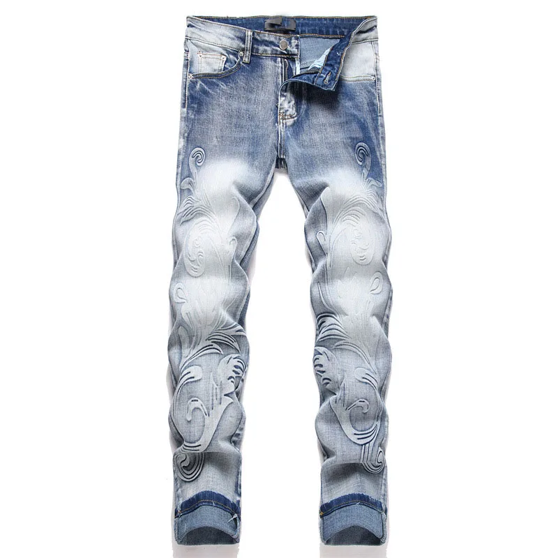 

2024 Men Punk Denim Washed Wrinkled Heavy Craft Jeans Male High Street Stretch Casual Jeans Slim Fit Trousers Streetwear Pant