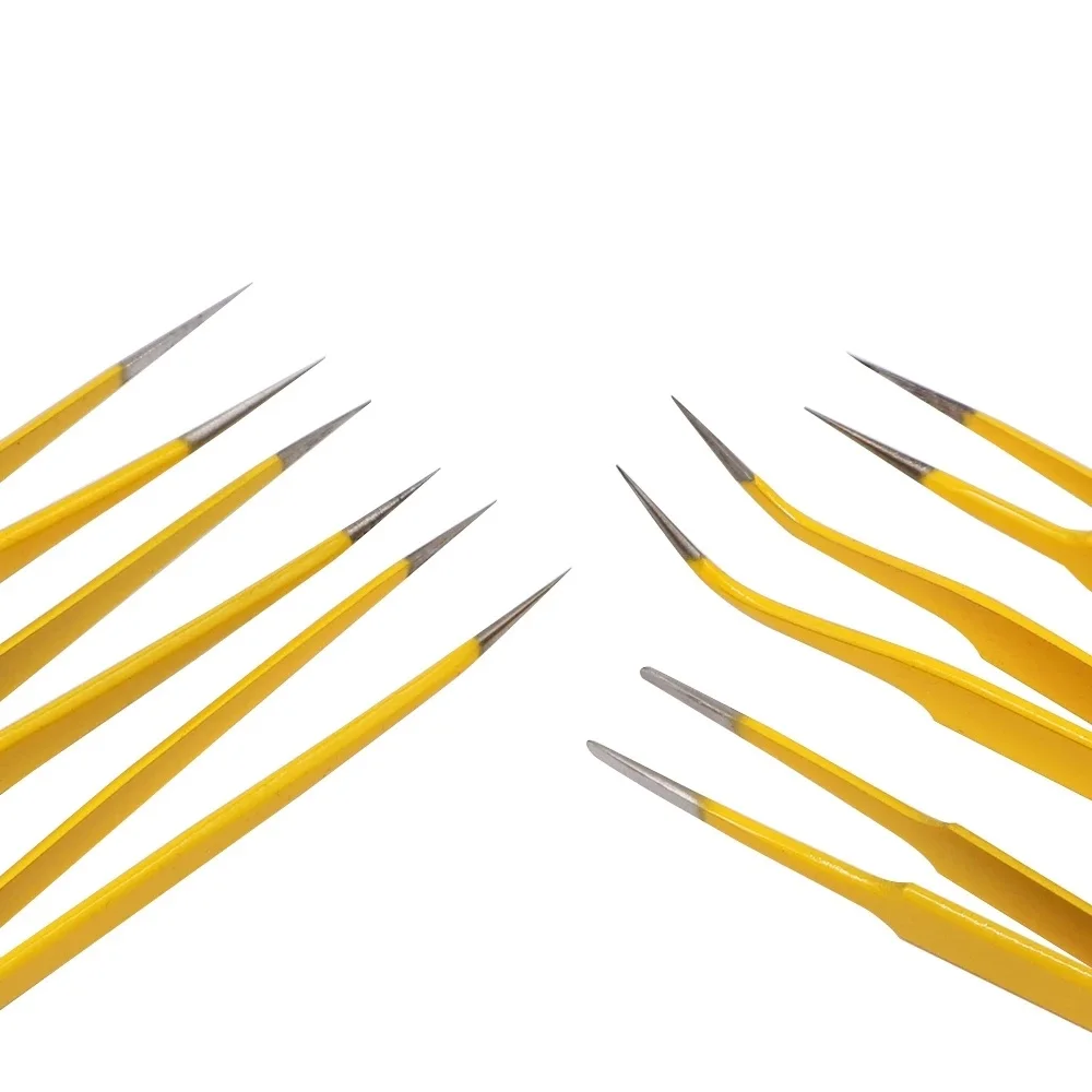 Forceps Tweezer Straight Tip Anti-magnetic Anti-static Tweezers CS-10/11/12/13/14/15 Curved Industrial Tweezers Hand Tool Yellow