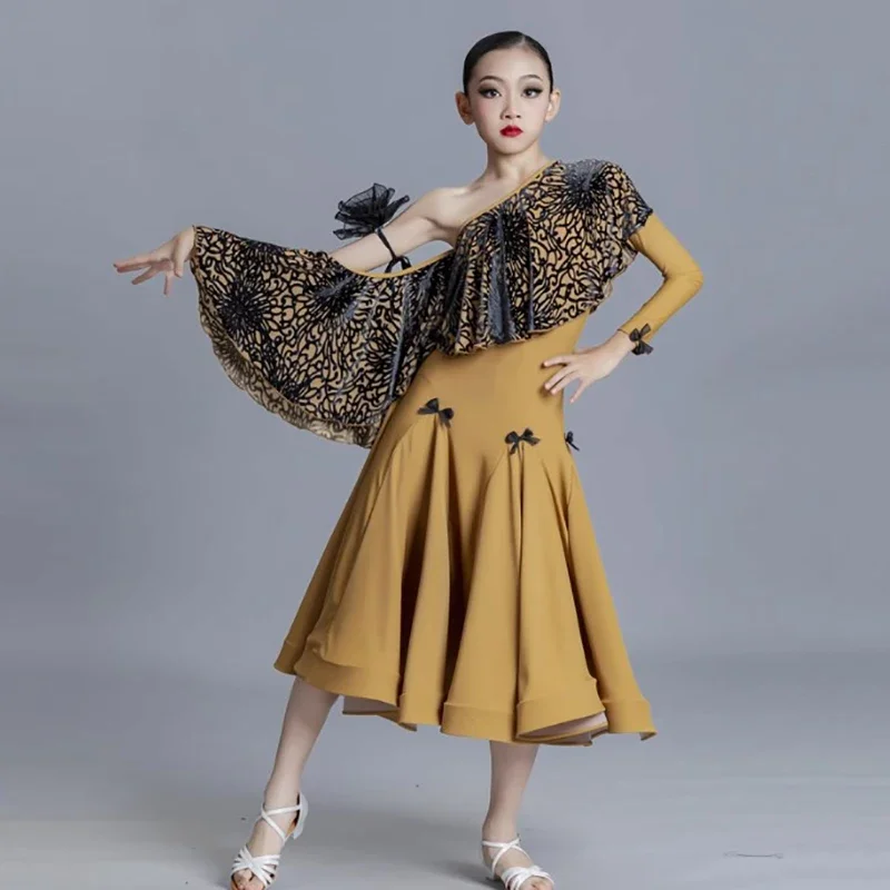 Kaffee-Druck, Ausschnitt, eine Schulter, für Mädchen, moderne Tanzbekleidung, Walzer, Gesellschaftstanz, Swing-Rock, Eiskunstlauf-Kleider, Ballsaal-Kostüme