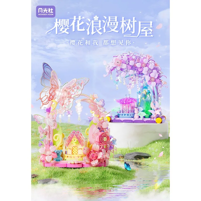 Moonlight Society Sakura Tree House Building Blocks with LED Lights DIY Flower Model Kit Girls Birthday Gift