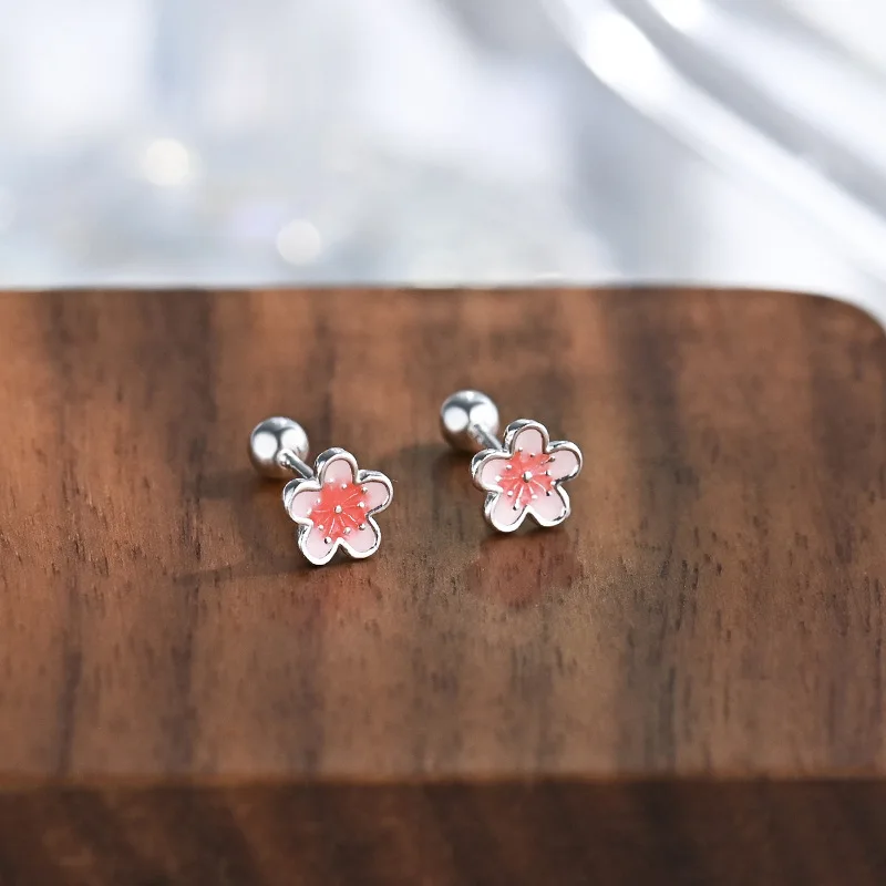 Fashion Pink Enamel Cherry Blossom Earring Women\'s 925 Sterling Silver CZ Flower Stud Earrings Valentine\'s Day Gift Jewelry