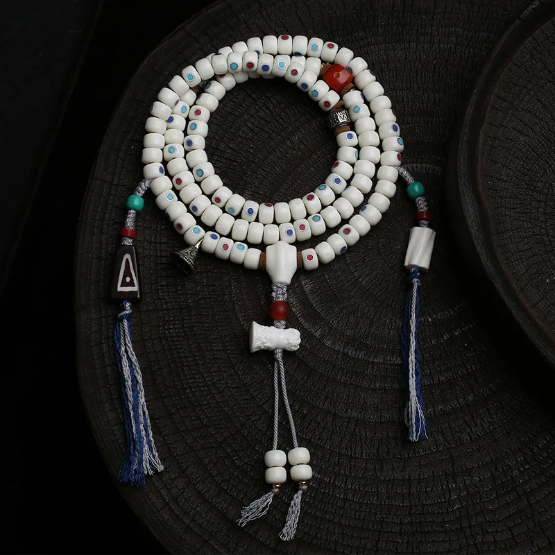 

Natural antler barrel beads 108 Buddha beads rosary old silver inlaid Doppelganger red agate old silver accessories strings