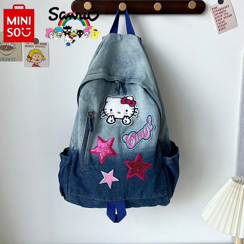 Hello Kitty New Women\'s Backpack Fashionable High Quality Denim Backpack Cartoon Personalized Large Capacity Student Backpack