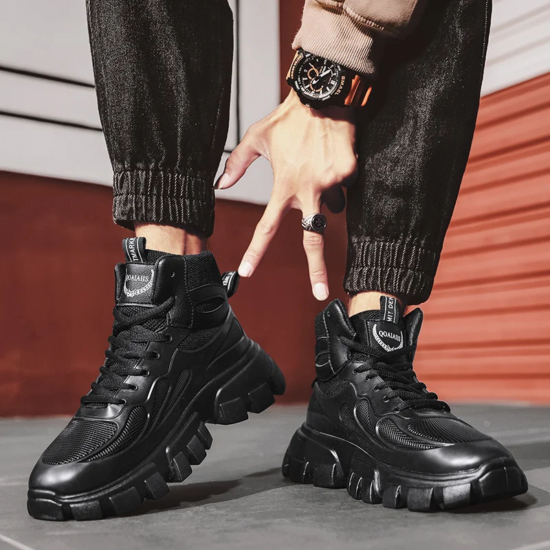 Winter Plus Velvet Outdoor Increased Sports NonSlipThe New Round Shape Shoes Men Leather Boots Black High Gang Platform Boots