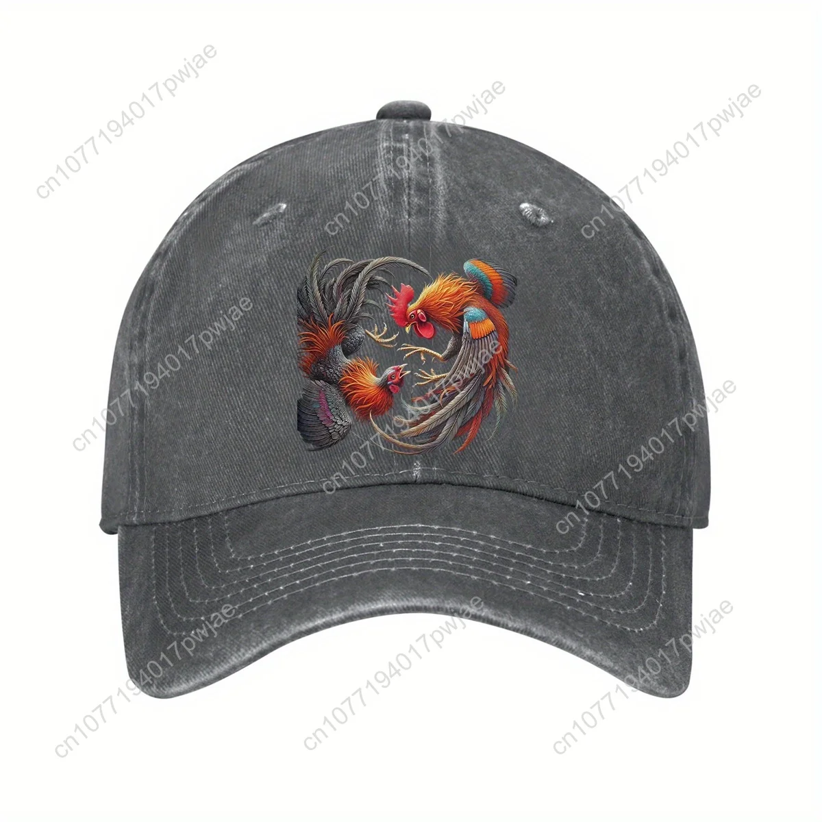 Adjustable Lightweight Cotton Denim Baseball Cap with Vibrant Rooster Fight Fantasy Print - Curved Brim Dad Hat for Outdoor, Men