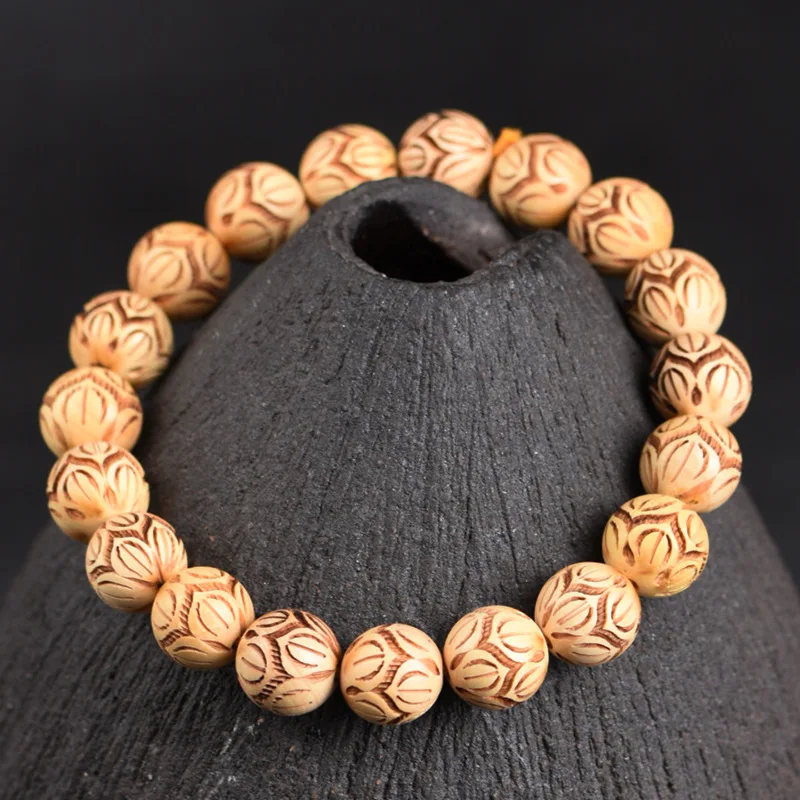 Boxwood carved 10mm Buddhist bead bracelet, lotus blooming by step, artistic ancient style, simple and versatile sing