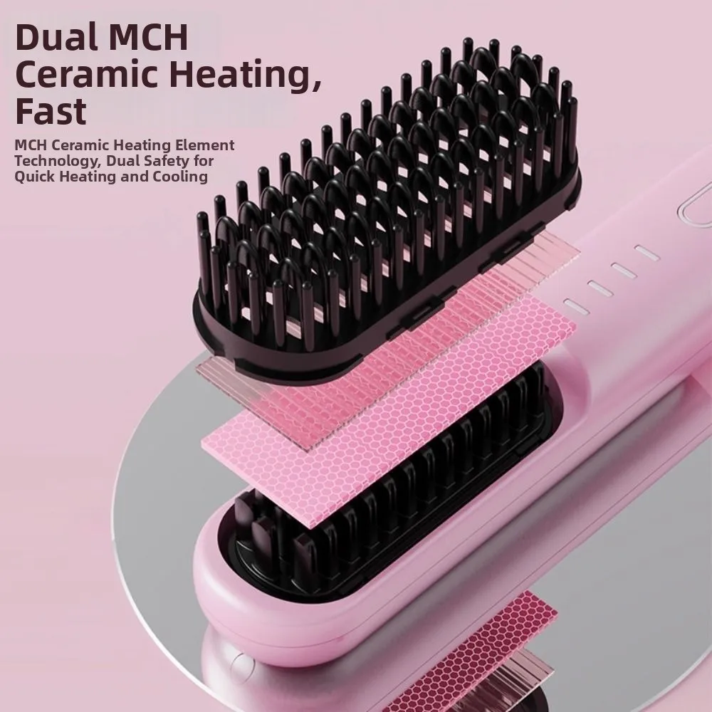 Cordless Hair Straightener Brush 4 Temp Settings Rechargeable Hair Straightener Comb Ceramic Coating Fast Heating Hot Comb Women