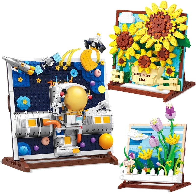 

Creative Astronauts Van Gogh Sunflower Tulip 3D Painting Frame Model Building Blocks Spaceman Desk Decoration Bricks Toy Gift