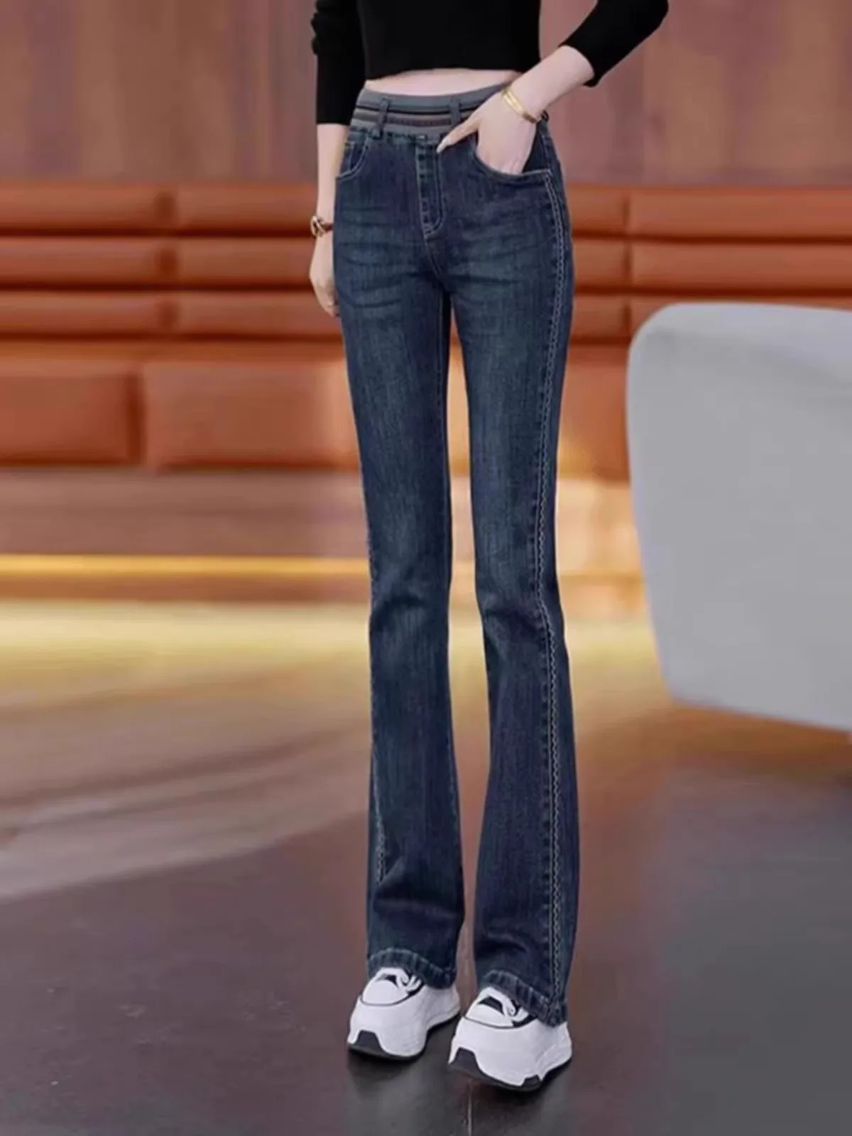 

Women's Fce Lined Thiened Bell Bot Jeans Elastic Waist Retro High Waist Denim Pants Winter Wear Resistant Trousers