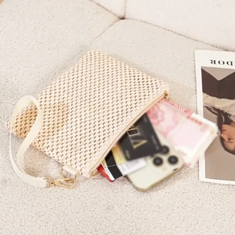 

Элегантная женская сумка на запястье для пляжного отдыха в богемном стиле, тканый соломенный маленький клатч, универсальный кошелек на молнии