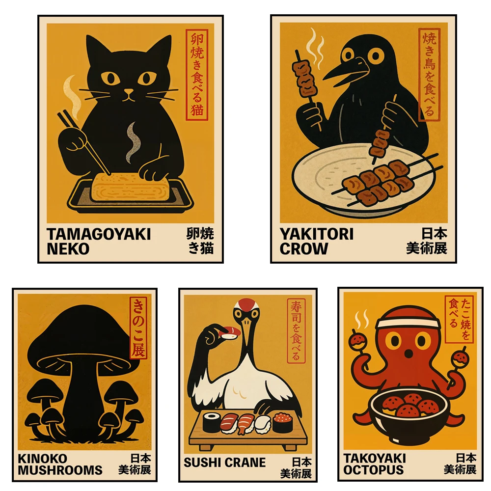 Japanese anime prints, sushi cranes, grilled chicken skewers with crows, Japanese omelets—food posters in the style of ukiyo-e.