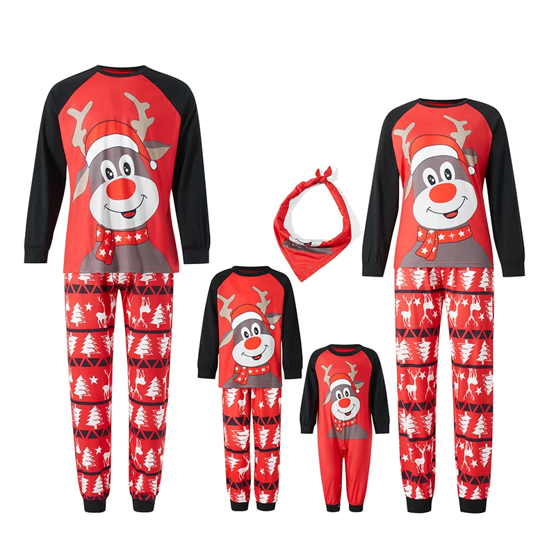 Family Matching Christmas Pajamas Cute Elk Print Long Sleeve Tops Deer Print Pants Lounge Set Festival PJs Casual Daily Outfits