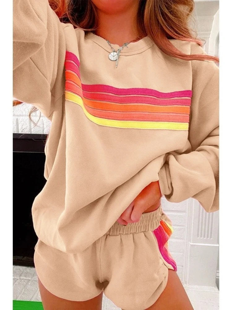 2025 autumn contrasting color fashion casual new women's loose fitting long sleeve pullover+shorts sports home set