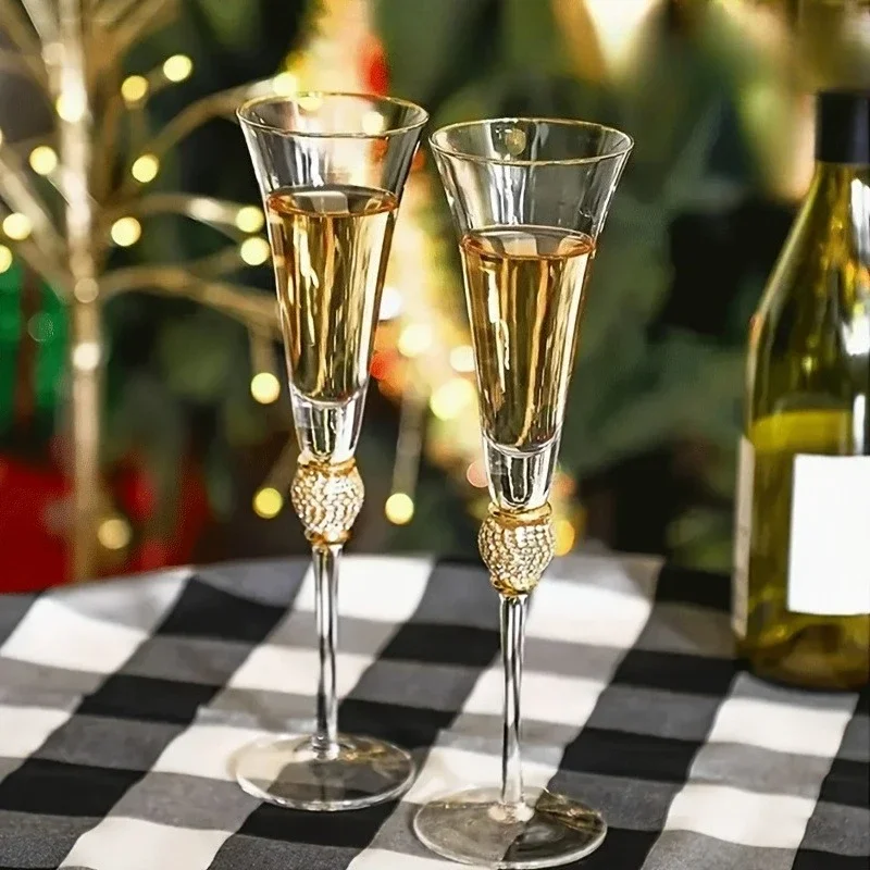 

European Luxury Diamond Gold Rim Wine Glass Champagne Cocktail Glass High Foot Elegant Crystal Cup