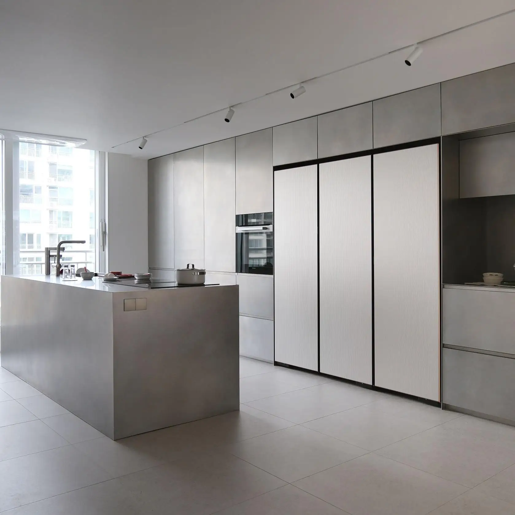 

Stainless Steel Cabinet Set Smart Furniture with Laminated Countertop Glass Door