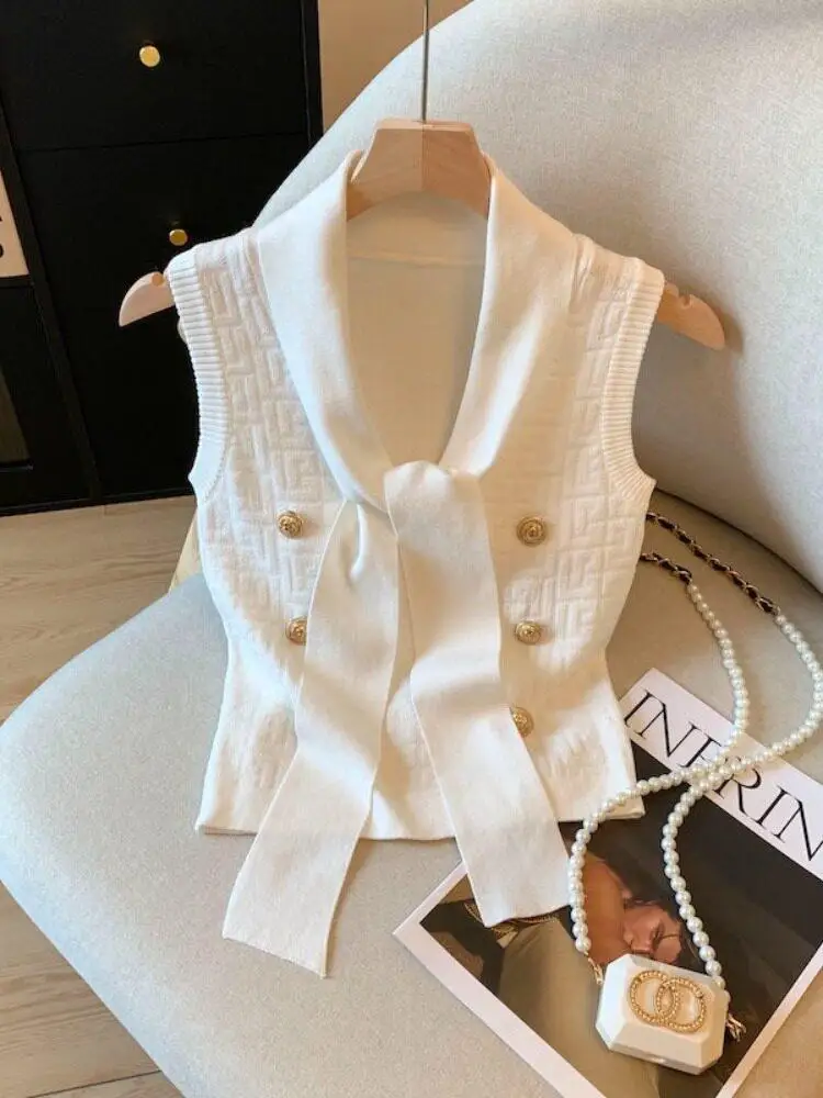 Summer Knitted Vest Women's Sleeveless V-Neck Belted Short Style Classy Lady Fashion Outerwear Beautiful A-Line Narrow Shoulder