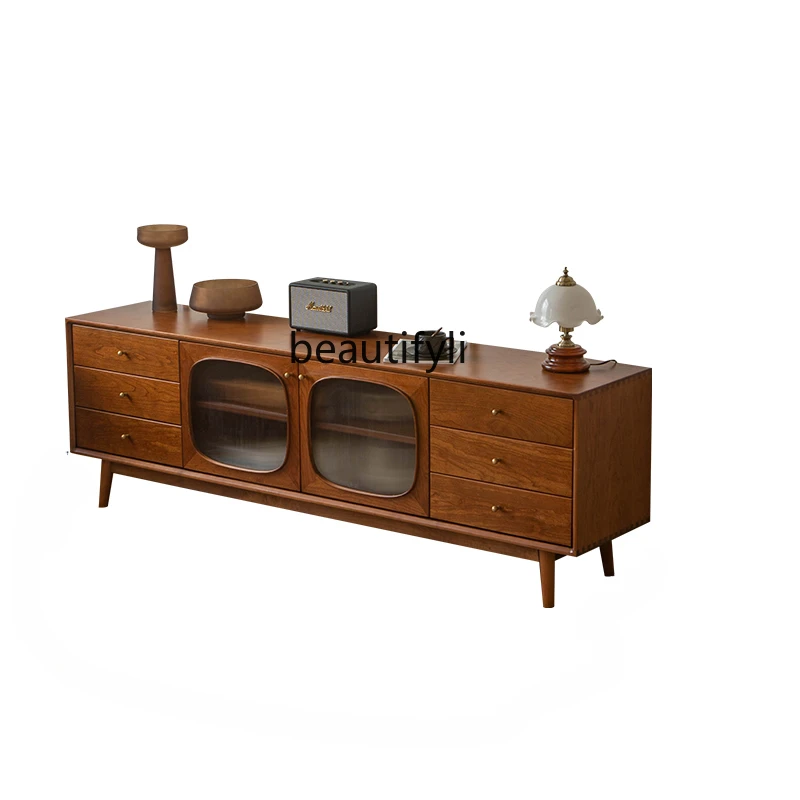 

French Retro Cherrywood Solid Wood TV Cabinet Simple American Arched Small Apartment Living Room Audiovisual Cabinet