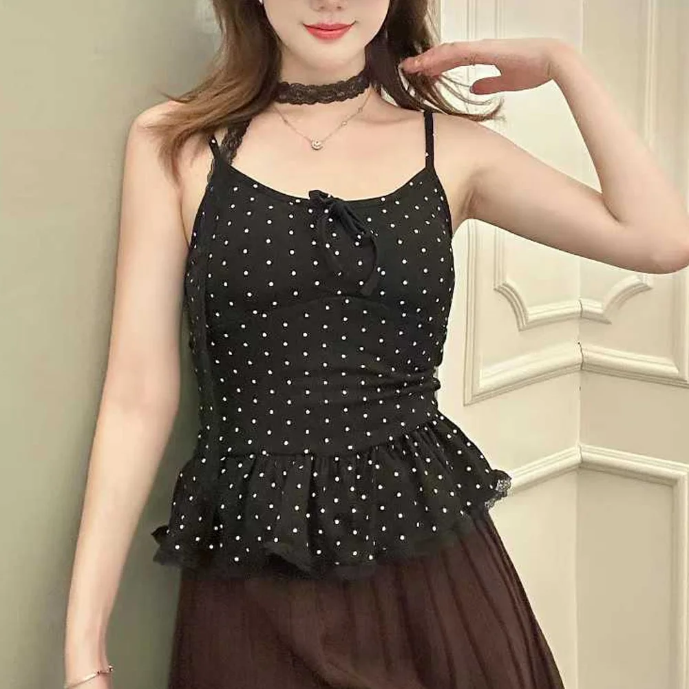 Women's for polka Dot V-Neck Bow Camisole Top with Matching Scarf Ribbon for Daily Wear Vacation Club and Home Use
