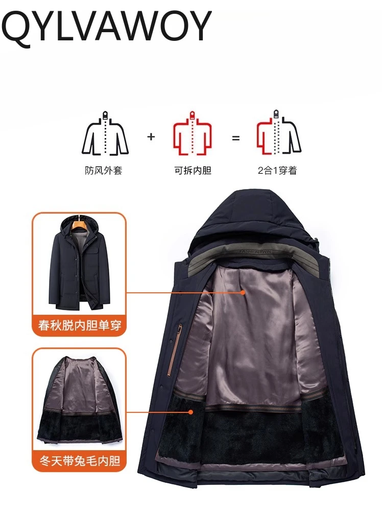 QYLVAWOY Autumn Winter New Down Jacket Men's Mid-Length Middle-Aged Hooded with Removable Rabbit Fur Liner Outerwear LJ2584