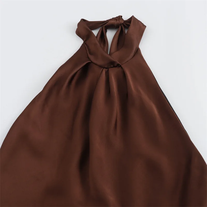 Halterneck Satin Maxi Dress Women's Lace-up Open Back Brown Midi Dress Summer Off-the-Shoulder Party Dress Pleated Evening Gown