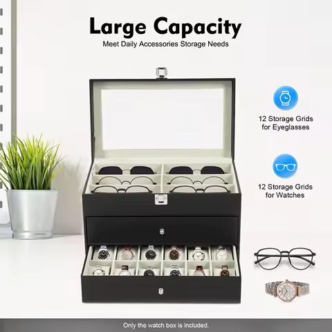 12 Compartment Watches &amp; Glasses Display Box, Watch Box Organizer Storage Case with Large Glass Lid